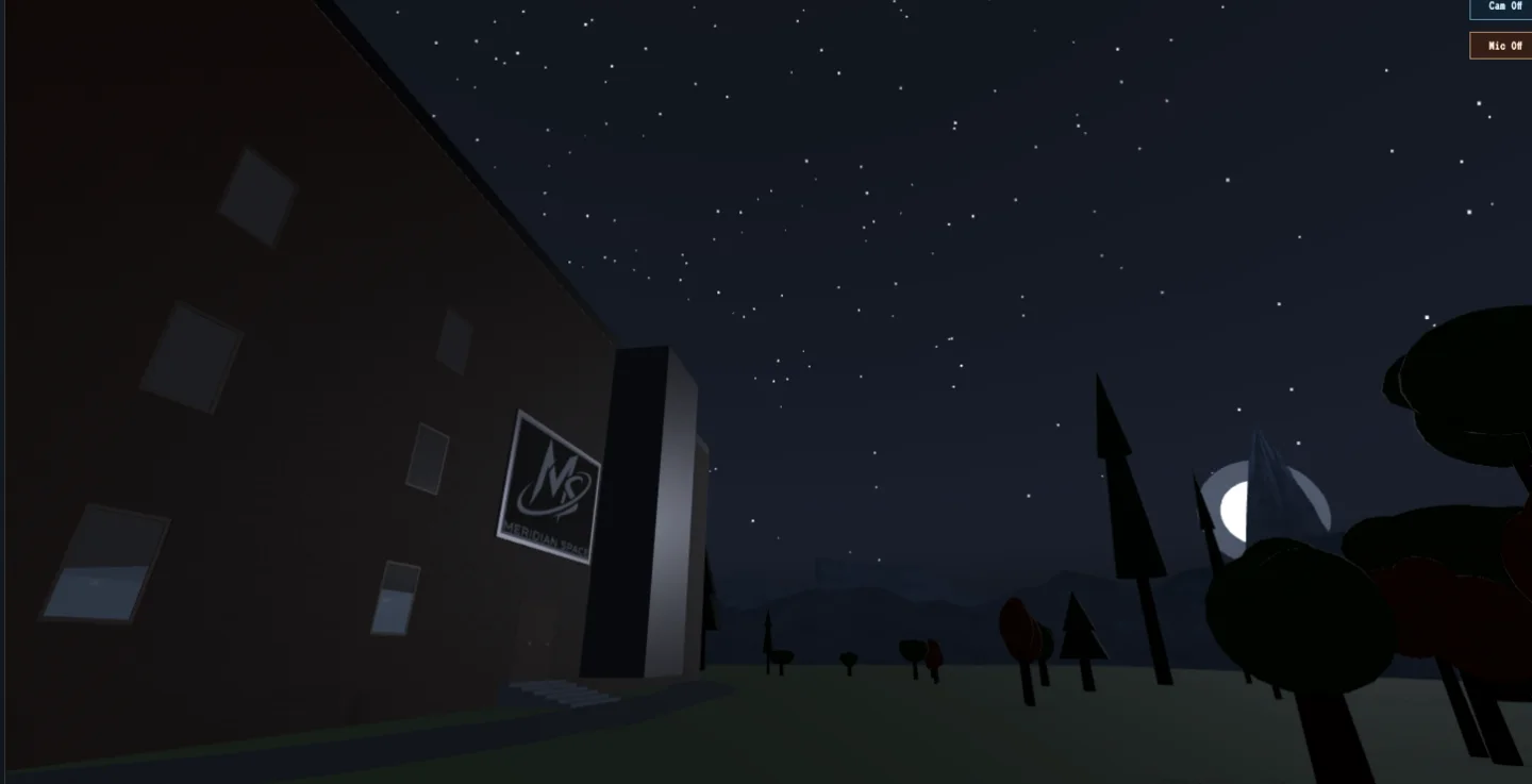 Meridian Space exterior front at night used as the headquarters mode still.